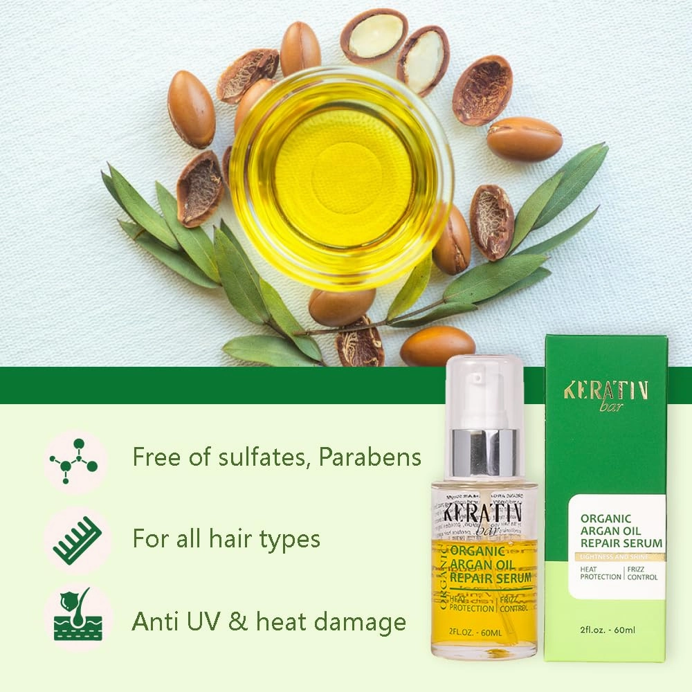 100% Organic Argan Oil Anti Frizz Hair Serum Styling Smoothing Strengthening Hydrating & Nourishing Heat Protection Shine Frizz Control Dry Damage Hair Repair (Argan Oil Serum)