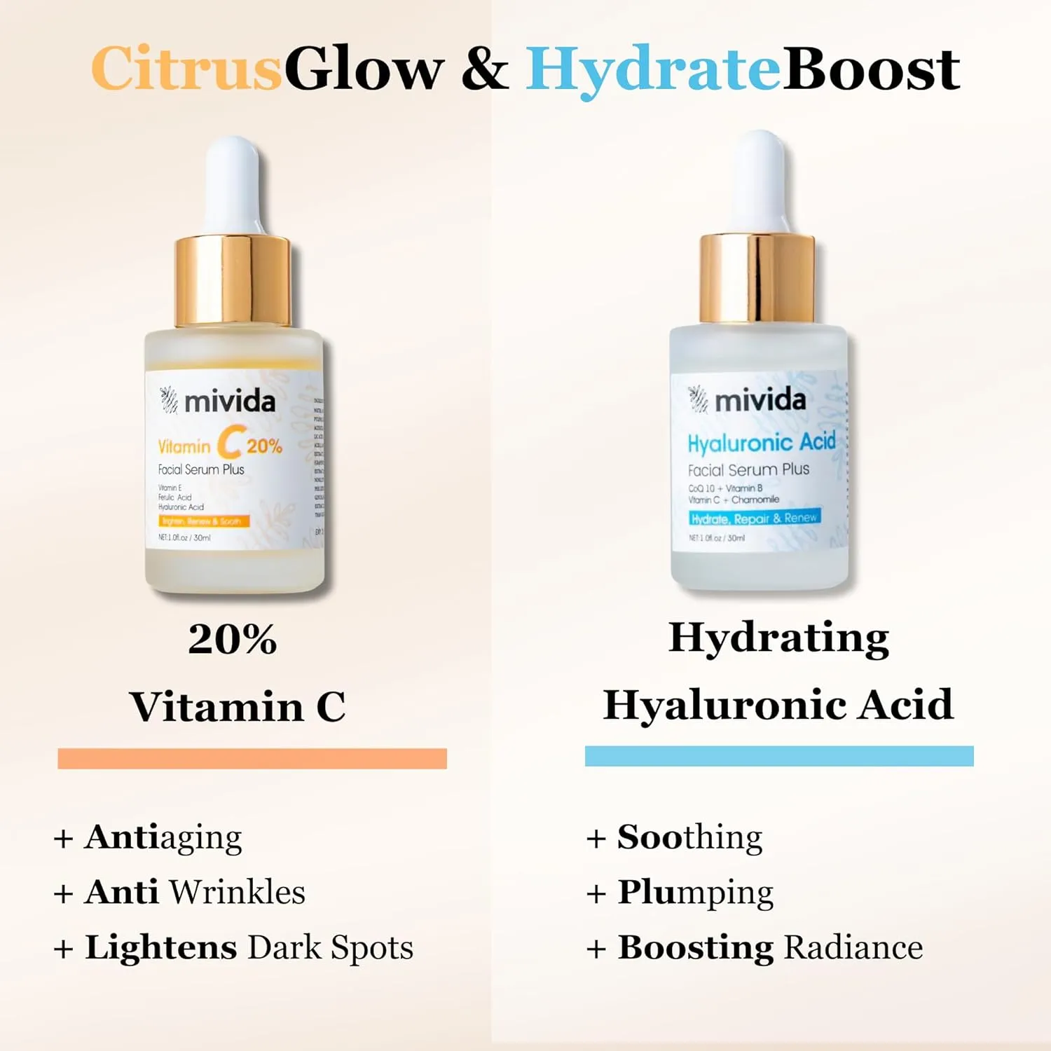 20% Premium Vitamin C serum   Hydrating Hyaluronic-Acid Serum For Face | Facial Skincare Set| No-Artificial-Colors, sensitive skin safe (2 x 1 Fl Oz / 30ml)