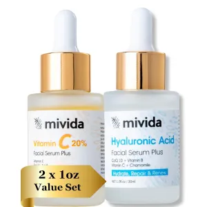 20% Premium Vitamin C serum   Hydrating Hyaluronic-Acid Serum For Face | Facial Skincare Set| No-Artificial-Colors, sensitive skin safe (2 x 1 Fl Oz / 30ml)