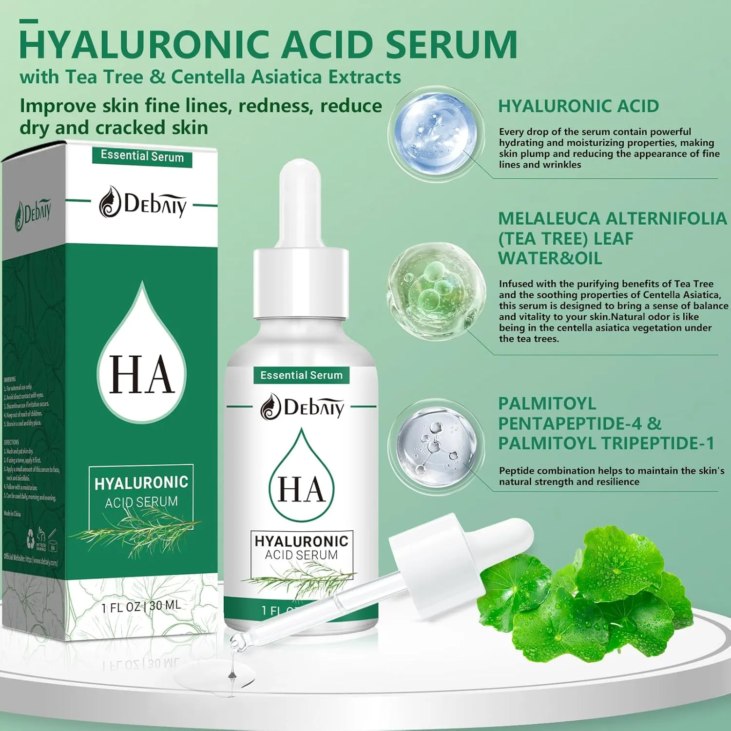 2.3% Hyaluronic Acid Serum Balancing Face with Tea Tree & Centella Asiatica Extracts Facial Serum (3 Pack 1fl.oz|30ml)