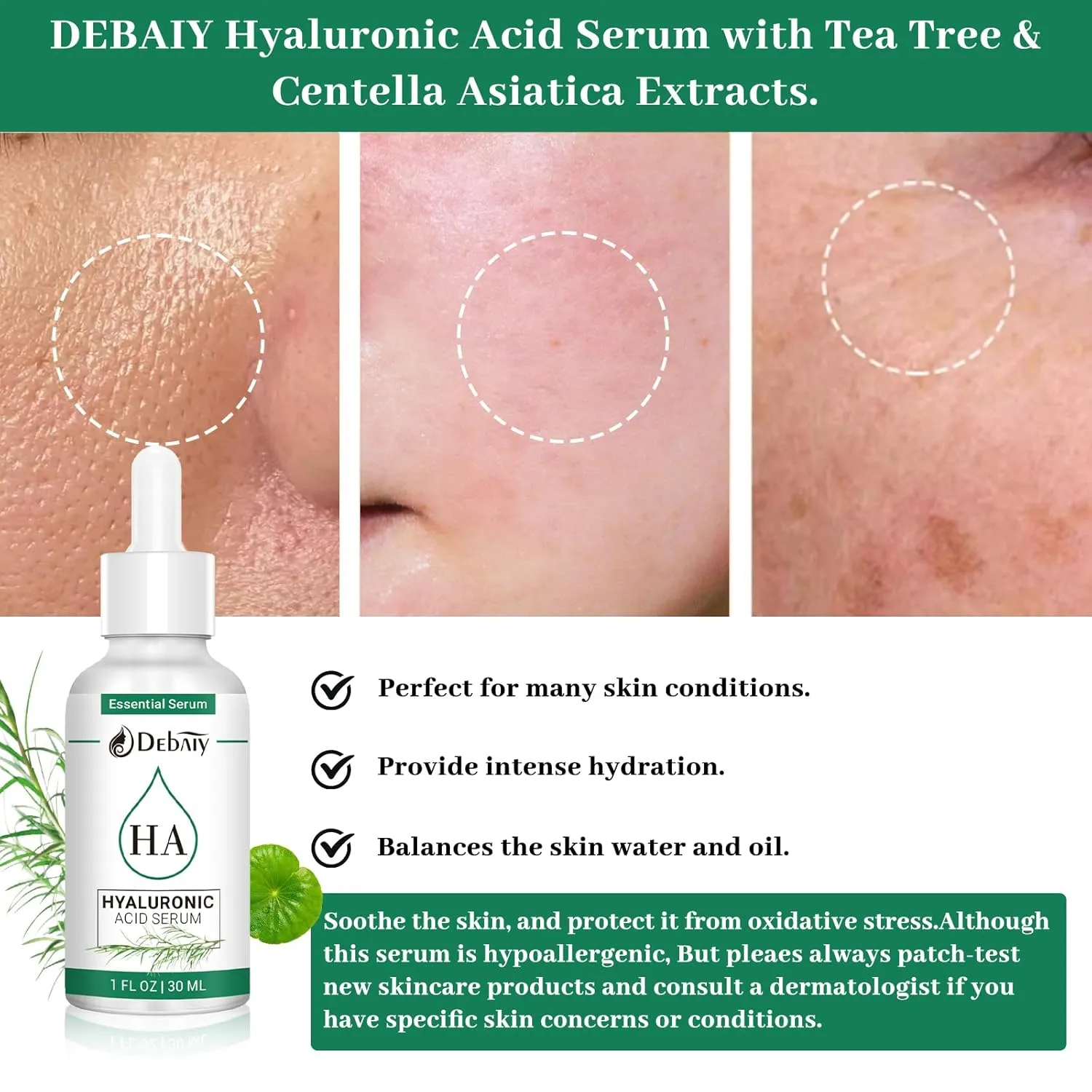2.3% Hyaluronic Acid Serum Balancing Face with Tea Tree & Centella Asiatica Extracts Facial Serum (3 Pack 1fl.oz|30ml)