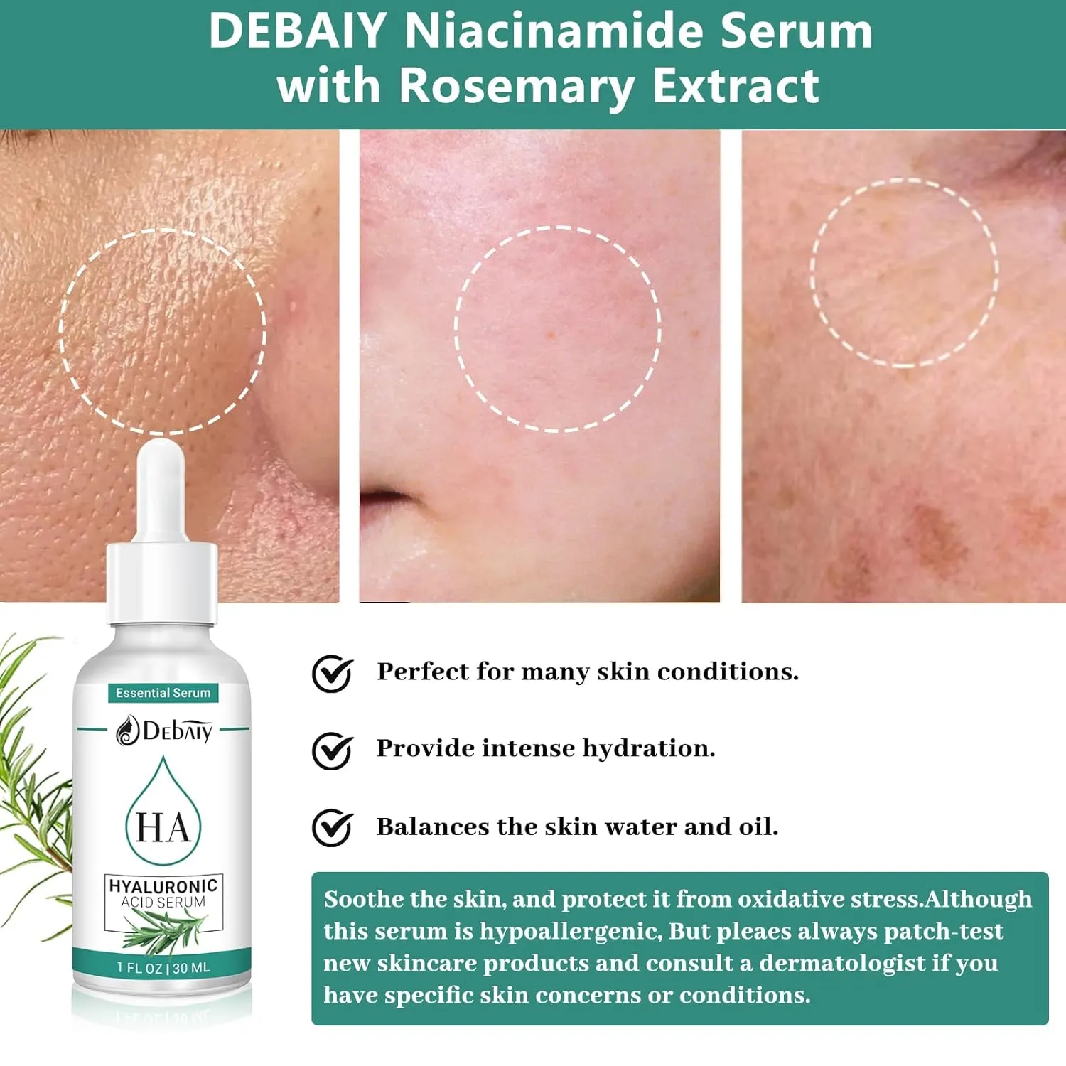 2.3% Hyaluronic Acid Serum Revitalizing Face with 4% Rosemary Extract Facial Serum (3 Pack 1fl.oz|30ml)