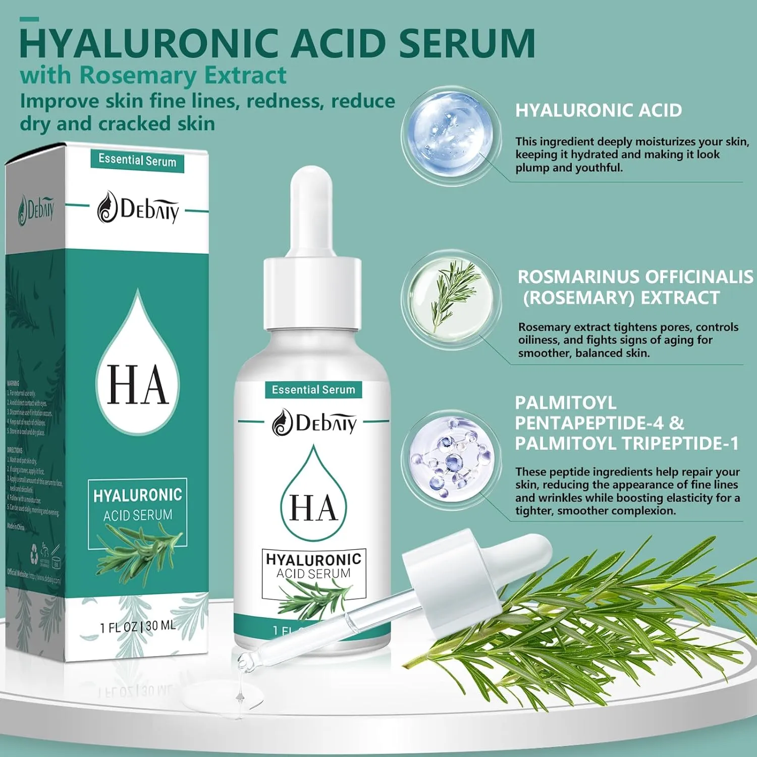 2.3% Hyaluronic Acid Serum Revitalizing Face with 4% Rosemary Extract Facial Serum (3 Pack 1fl.oz|30ml)
