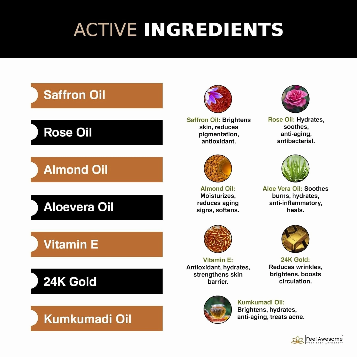 24K Gold Face Serum with Kumkumadi Oil (90.5%) & Almond Oil (25%) Anti-Aging, Brightening, Wrinkle Care 1 Fl Oz/ 30ml for Glowing Skin