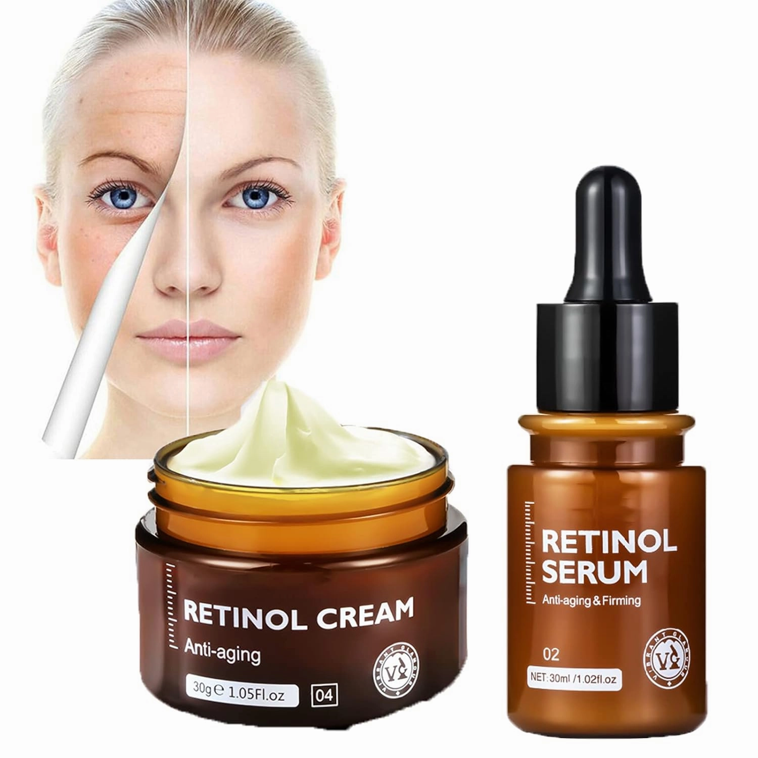 2PCS Retinol Anti Aging Cream And Essence, Retinol Complex Face Serum, Retinol Anti Aging Face Cream, Brightening Serum Targets Dark Spots, Wrinkles & Fine Lines (Cream Serum)