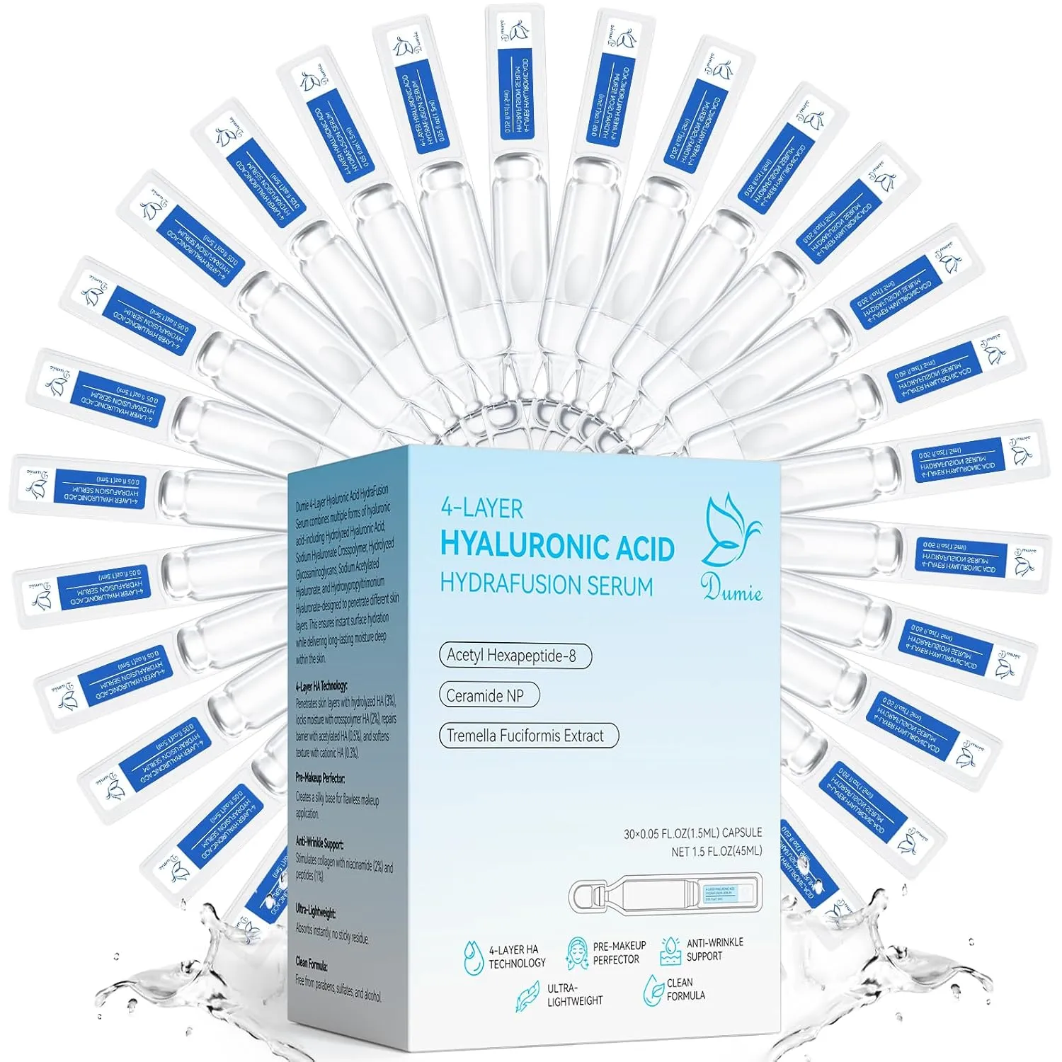 3% Hyaluronic Acid Serum for Face, Anti-Aging Hydrating Serum with 20,000 ppm Ceramide NP & 10,000ppm Acetyl Hexapeptide-8, Korean Skincare ultra hydrating serum, turm Skin/Sensitive Skin(1.5 ml*30)