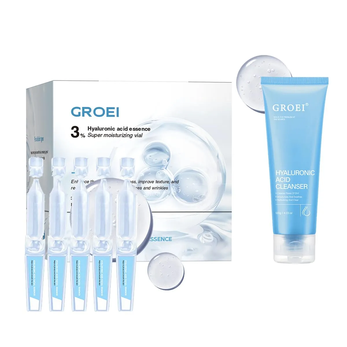 3% Hyaluronic Acid Serum Ultra-Hydrating Vials & Face Wash Set, Pack of 2 Hyaluronic Acid Gel for Gentle Deep Cleansing Pores of Dirt, Oil, 3% Hyaluronic Acid Serum 30 Tubes Hydrating Skin