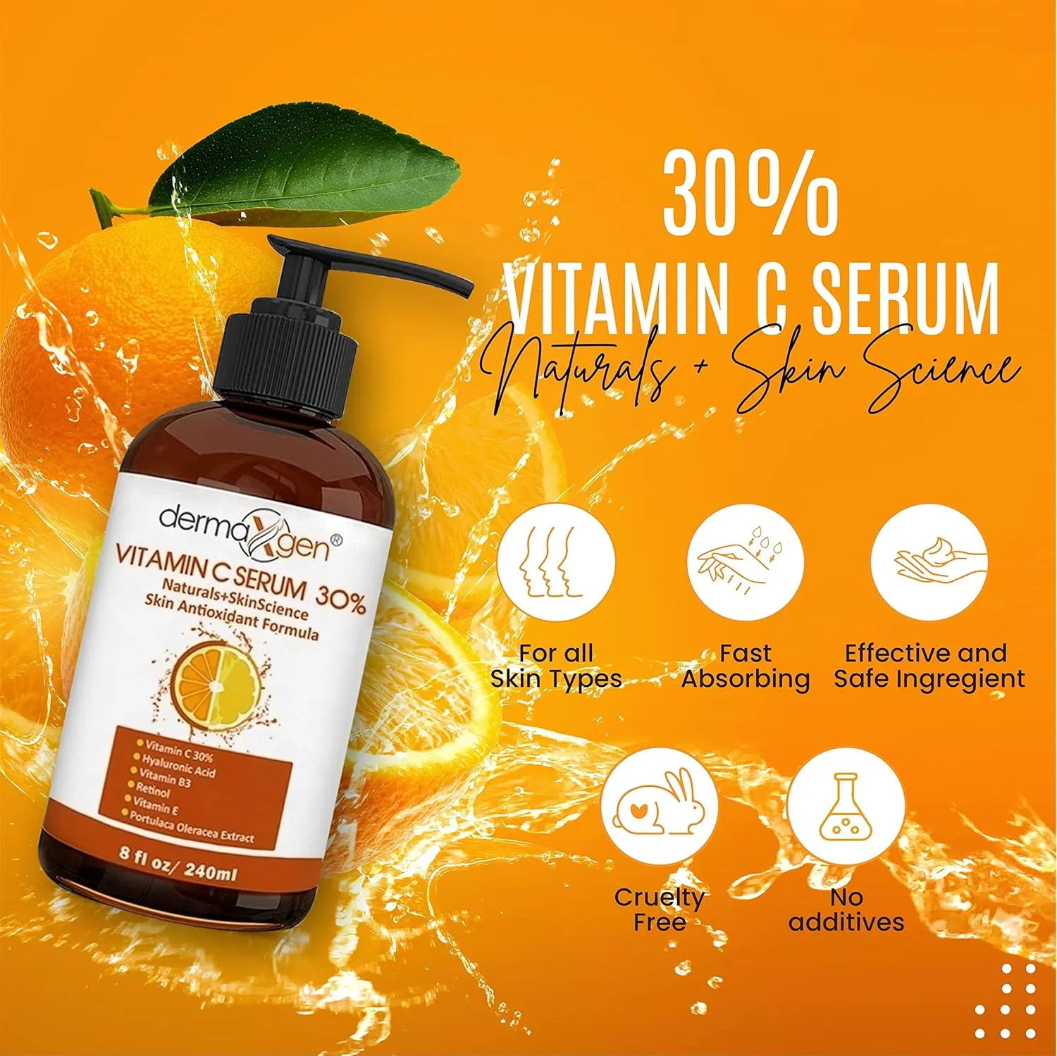 30% Vitamin C Serum (8 Fl Oz) Pure Organic Anti- Wrinkle   Hyaluronic Acid   Retinol   Vitamin E   Vitamin B, Facial Serum For Anti-aging, Wrinkles, And Fine Lines.