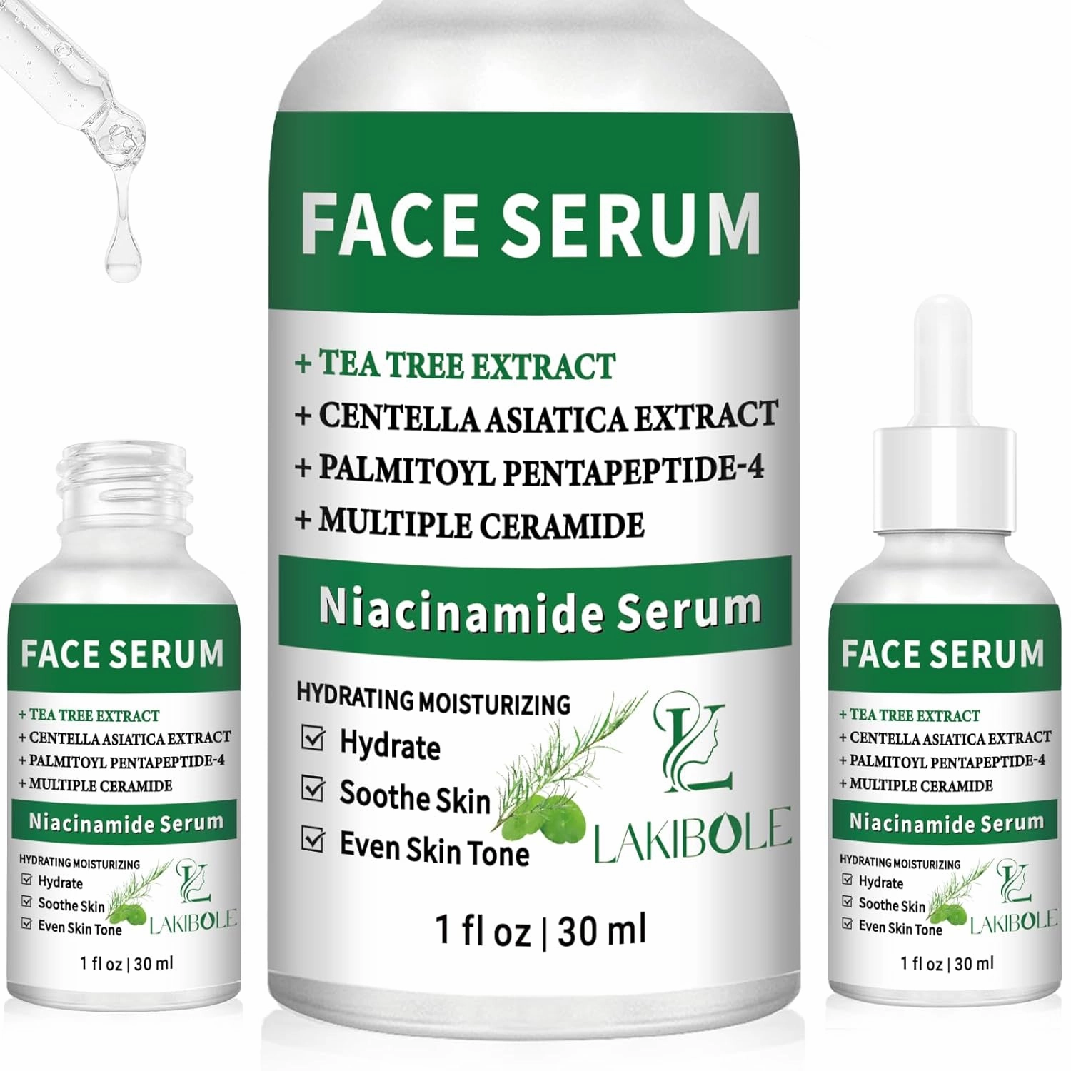 3 Pack 5% Niacinamide Serum with 4% Tea Tree Extracts & 1% Centella Asiatica Extracts for Hydration and Even Tone (1fl.oz/30ml Each)
