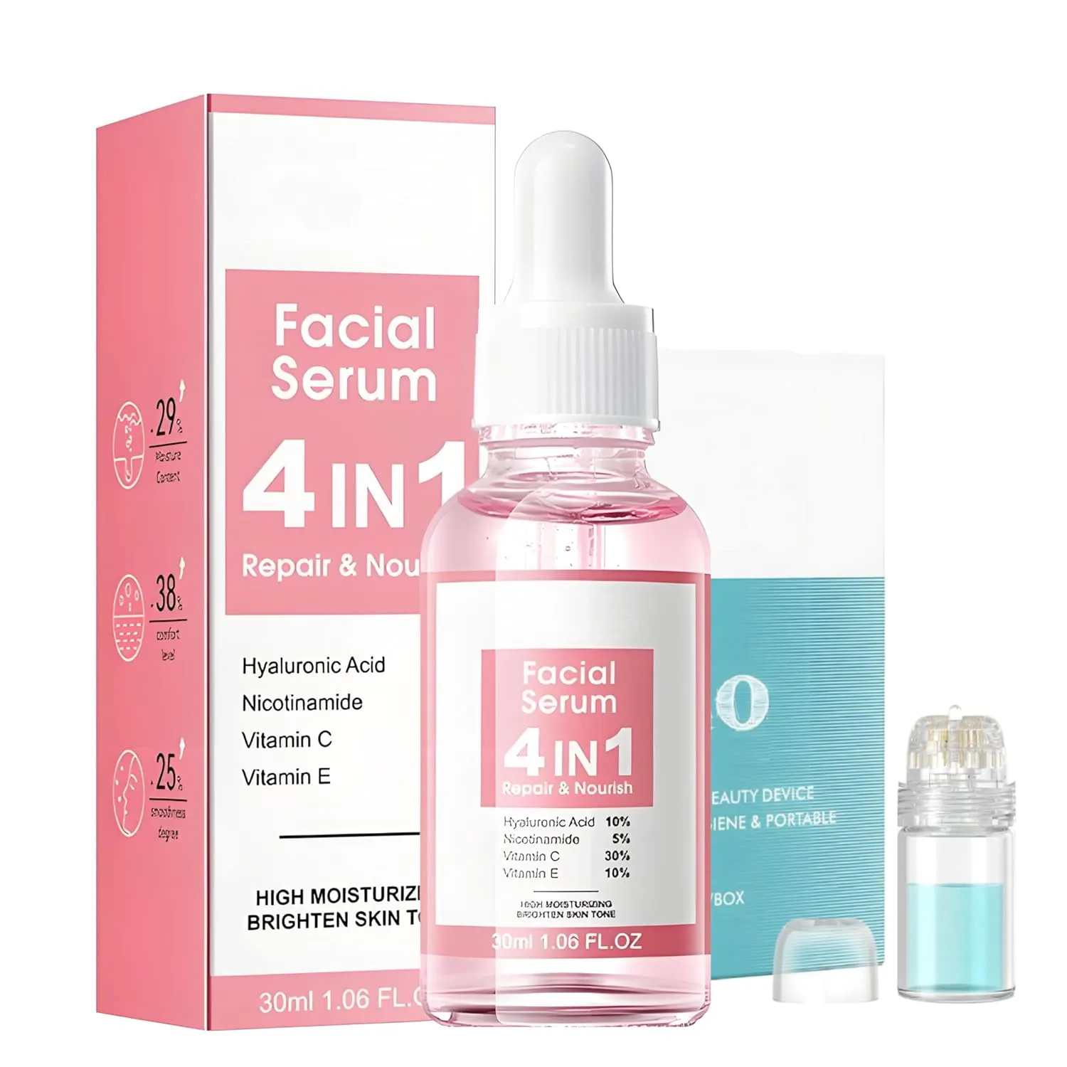 4-in-1 Facial Serum – Hyaluronic Acid, Nicotinamide, Vitamin C, Vitamin E with Micro Infusion System – Repair & Nourish, 1 Fl Oz