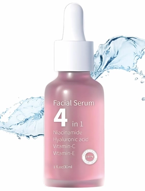 4-in-1 Premium Facial Serum with Vitamin C, Hyaluronic Acid, Niacinamide, Vitamin E for Dark Spots, Anti-Aging, Hydration, Fine Lines, Wrinkles, Acne Marks 1oz