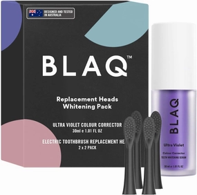 4 Pack Ultra Whitening Bundle containing 4 Blaq Sonic Electric Toothbrush Replacement Heads and 1 x 30 ml Ultraviolet Colour Correcting Serum