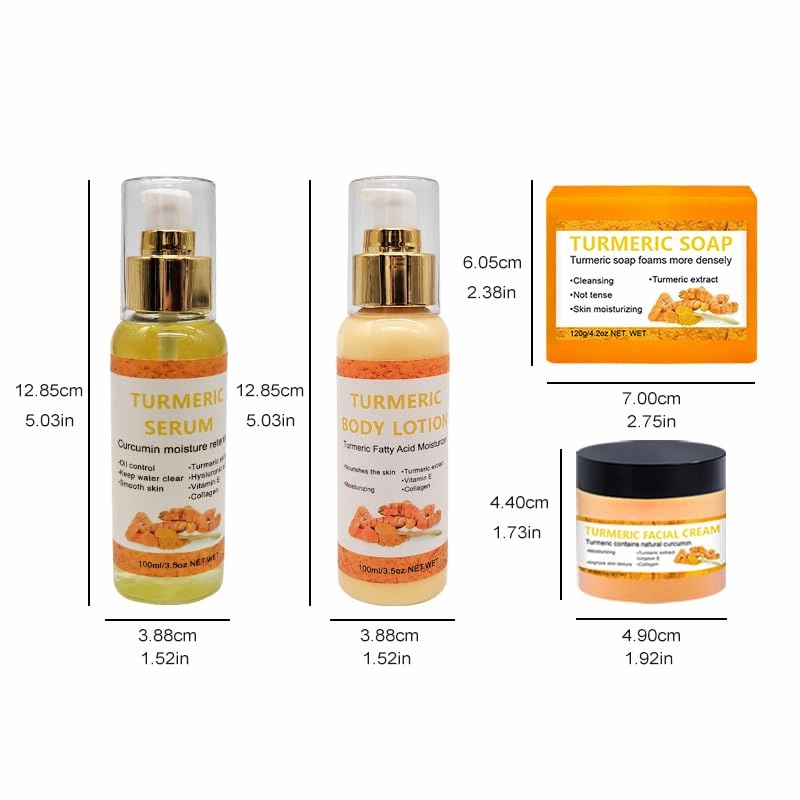 4 Packs Turmeric Serum,Turmeric Soap,Turmeric Body Lotion,Turmeric Facial Cream with Vitamin C, Vitamin E, Collagen,Hyaluronic Acid for Reduces Dark Spots