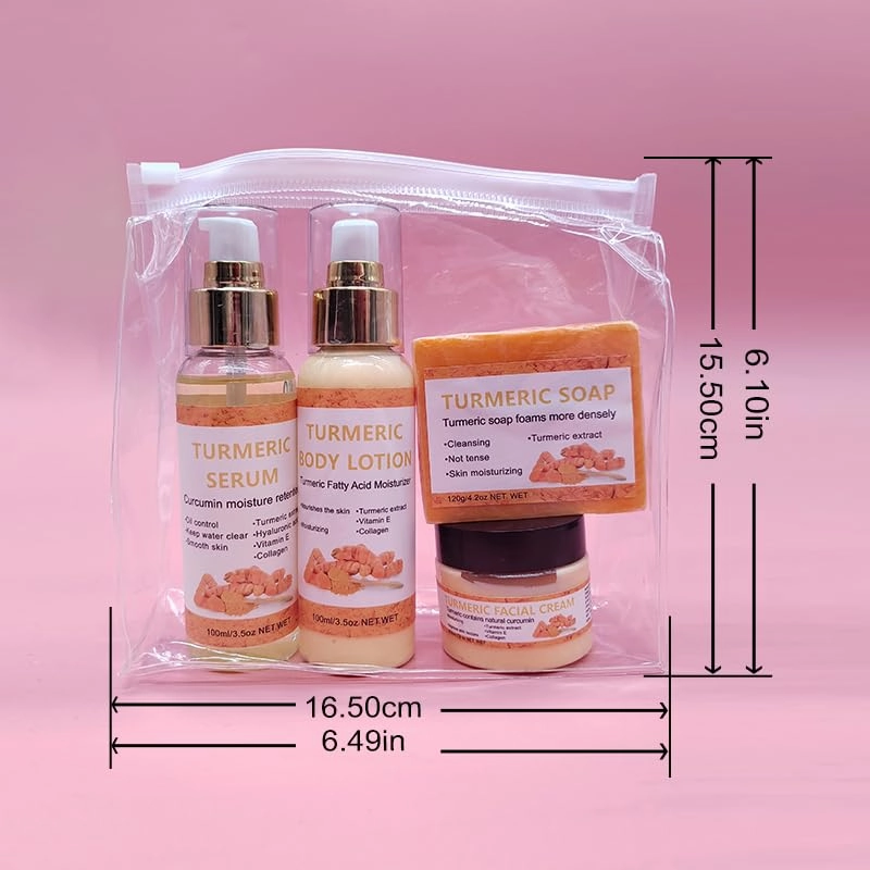4 Packs Turmeric Serum,Turmeric Soap,Turmeric Body Lotion,Turmeric Facial Cream with Vitamin C, Vitamin E, Collagen,Hyaluronic Acid for Reduces Dark Spots