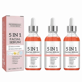 5 In 1 Facial Serum with Hyaluronic Acid, Niacinamide & Vitamin C，Anti-Aging Serum for Dark Spots, Wrinkles, and Acne, Deep Hydrating Skin Essence for All Skin Types (3 Pack)