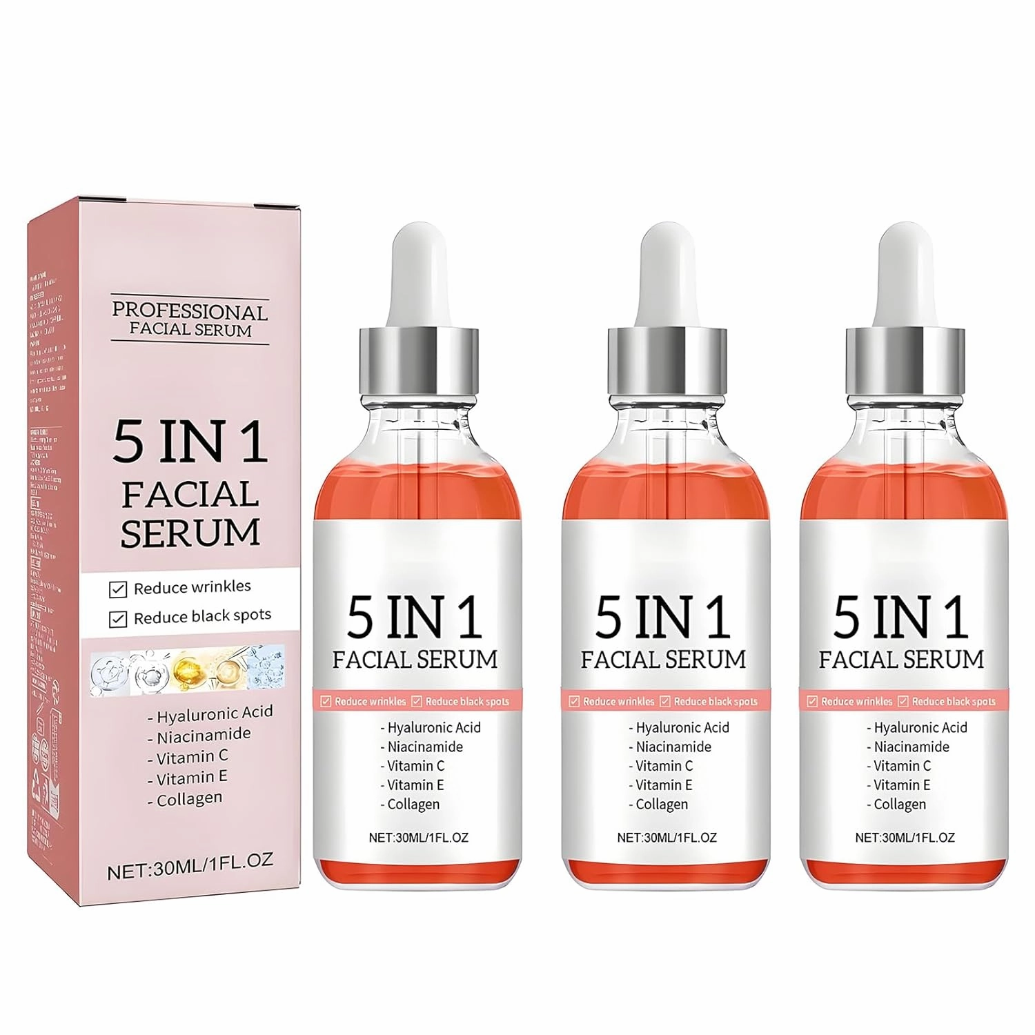 5 In 1 Facial Serum with Hyaluronic Acid, Niacinamide & Vitamin C，Anti-Aging Serum for Dark Spots, Wrinkles, and Acne, Deep Hydrating Skin Essence for All Skin Types (3 Pack)