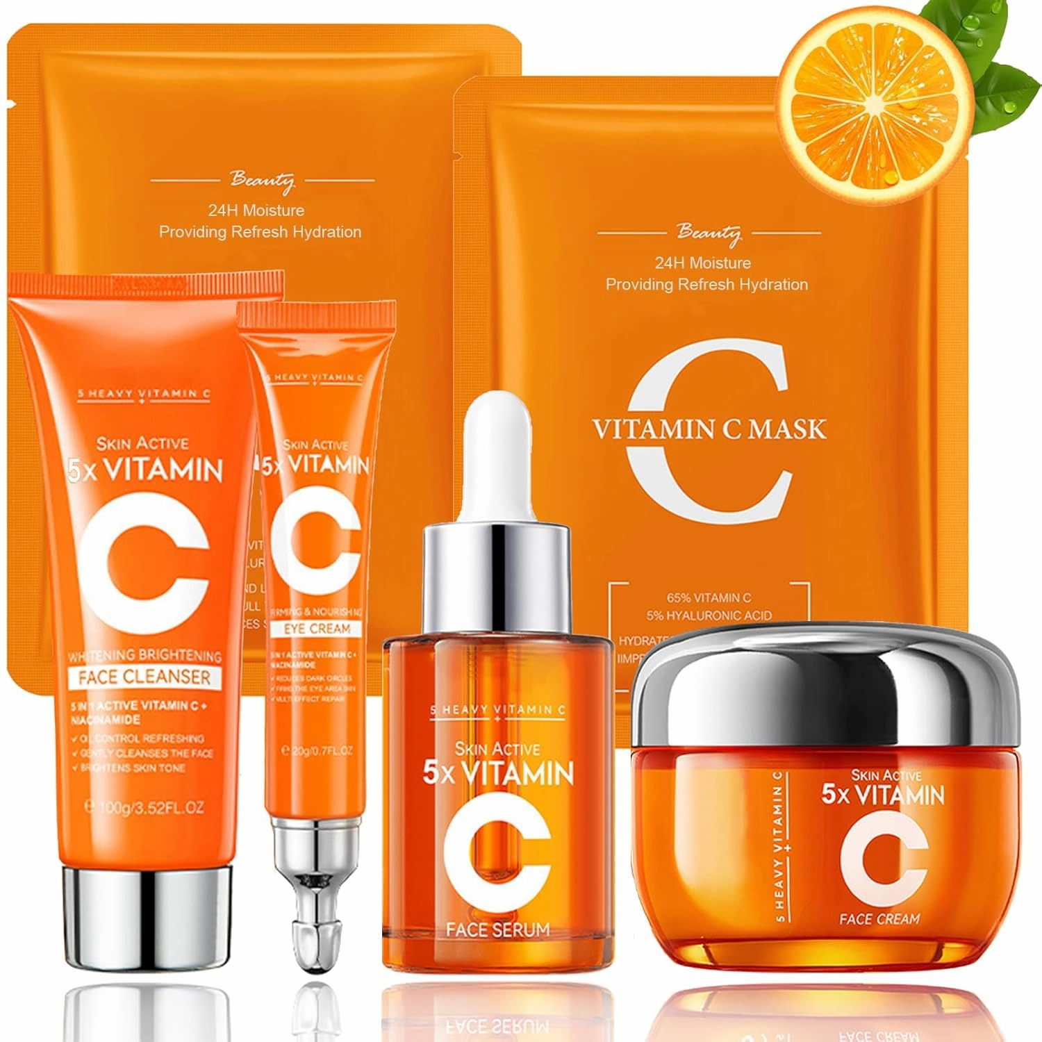 5 x Vitamin C Skin Care Set, Skincare Routine Set, Facial Skin Care Products, Skincare Gift Set with Cleanser, Eye Cream, Serum, Cream, Mask, Anti-Aging Skin Care Kit for Firming & Hydrating 6PCS