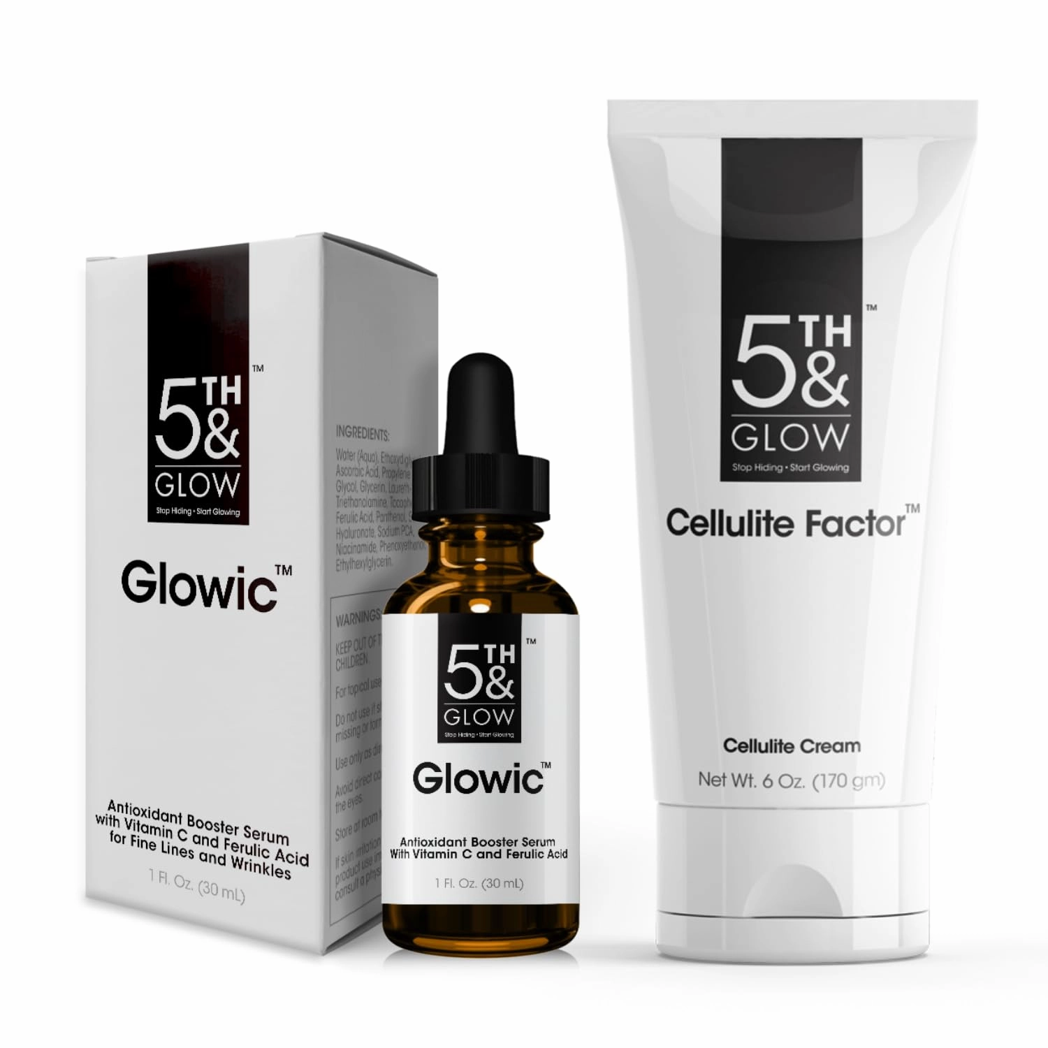 5th & Glow Beauty Care Set - Glowic Antioxidant Serum for Fine Lines & Wrinkles   Cellulite Factor Cream for Stomach & Thighs - Reduces the Appearance of Cellulite Dimples for Smooth, Toned Skin