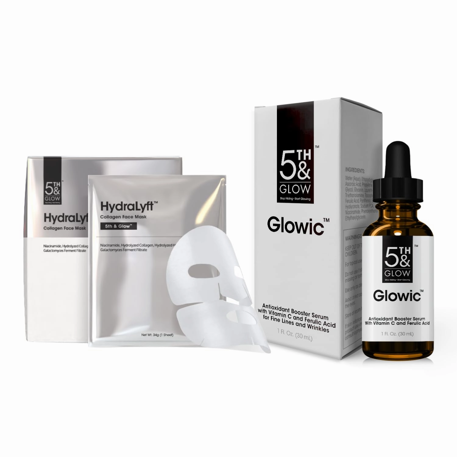 5th & Glow Radiance & Hydration Duo – Supports Skin Elasticity and Moisture Balance – Glowic Anti-Aging Serum & HydraLyft Collagen Face Mask for Smooth, Firm-Looking Skin – 30-Day Supply