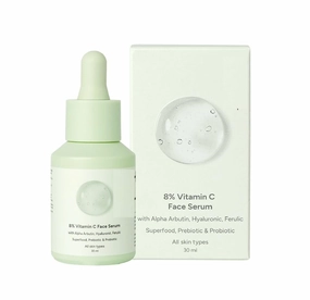 8% Vitamin C Face Serum for Glowing Skin | Brightening Serum for Dark Spots, Tanned & Dull Skin; Hydrates | Alpha Arbutin, Hyaluronic, Ferulic, CiCa, Prebiotic, Probiotic | Oil & PEG free |30 ml