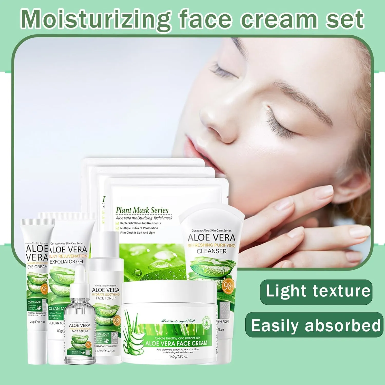 9 Pcs Aloe Vera Skincare Set with Moisturizing Facial Cleanser,Toner,Face Serum, Facial Cream, Eye Cream,Aloe Vera Gel and 3 Hydrating Face Sheet Masks Skin Care Set