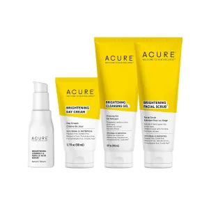 Acure Brightening Starter Kit - Cleansing Gel, Facial Scrub, Day Cream, and Vitamin C & Ferulic Acid Serum - All Skin Types - Softens, Detoxifies and Cleanses For Natural Glowing Skin