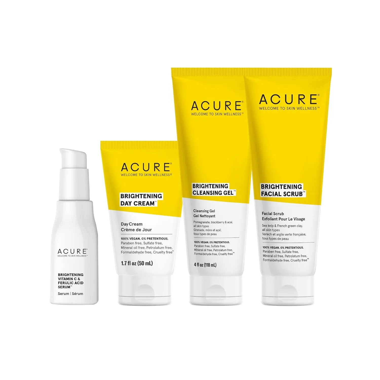 Acure Brightening Starter Kit - Cleansing Gel, Facial Scrub, Day Cream, and Vitamin C & Ferulic Acid Serum - All Skin Types - Softens, Detoxifies and Cleanses For Natural Glowing Skin