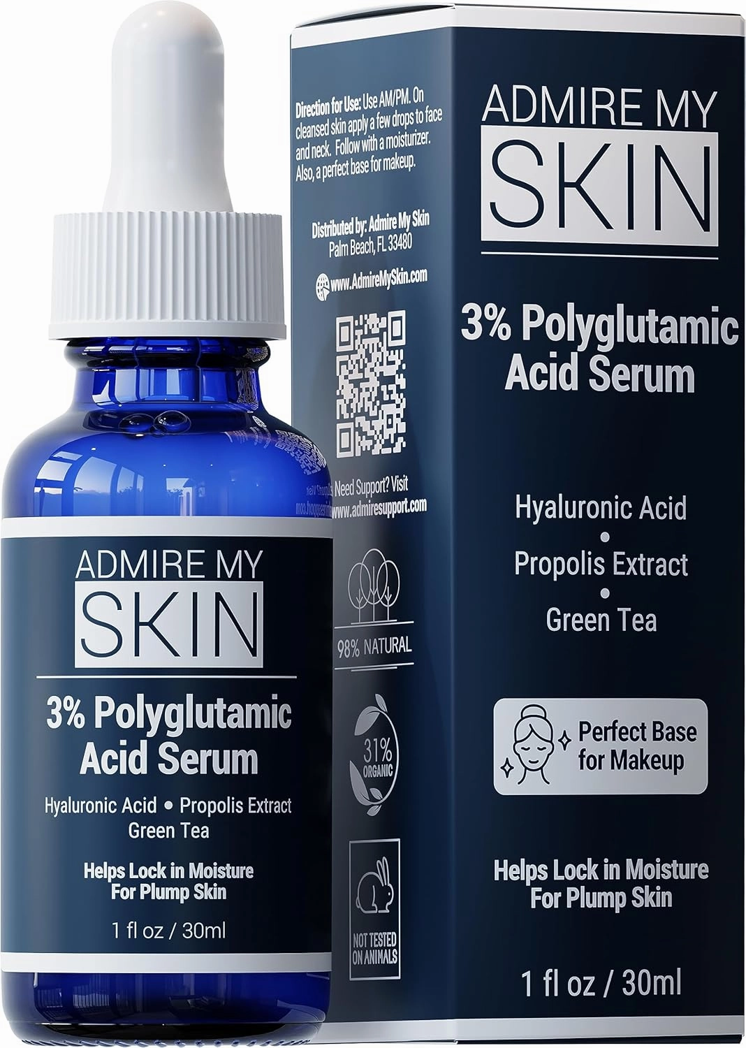 Admire My Skin Organic Polyglutamic Acid Facial Serum - Powerful Hydration & Anti Aging   Hyaluronic Acid   Propolis 1oz