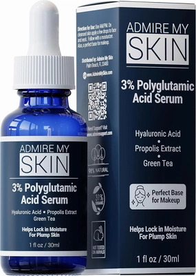Admire My Skin Organic Polyglutamic Acid Facial Serum - Powerful Hydration & Anti Aging   Hyaluronic Acid   Propolis 1oz