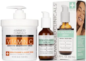 Advanced Clinicals Brightening Vitamin C Cream   5% Niacinamide Serum W/Hyaluronic Acid 2pc Set | Vitamin C Body Lotion Moisturizer & Dark Spot Remover Face Serum | Skin Care Products, 2pc Bundle