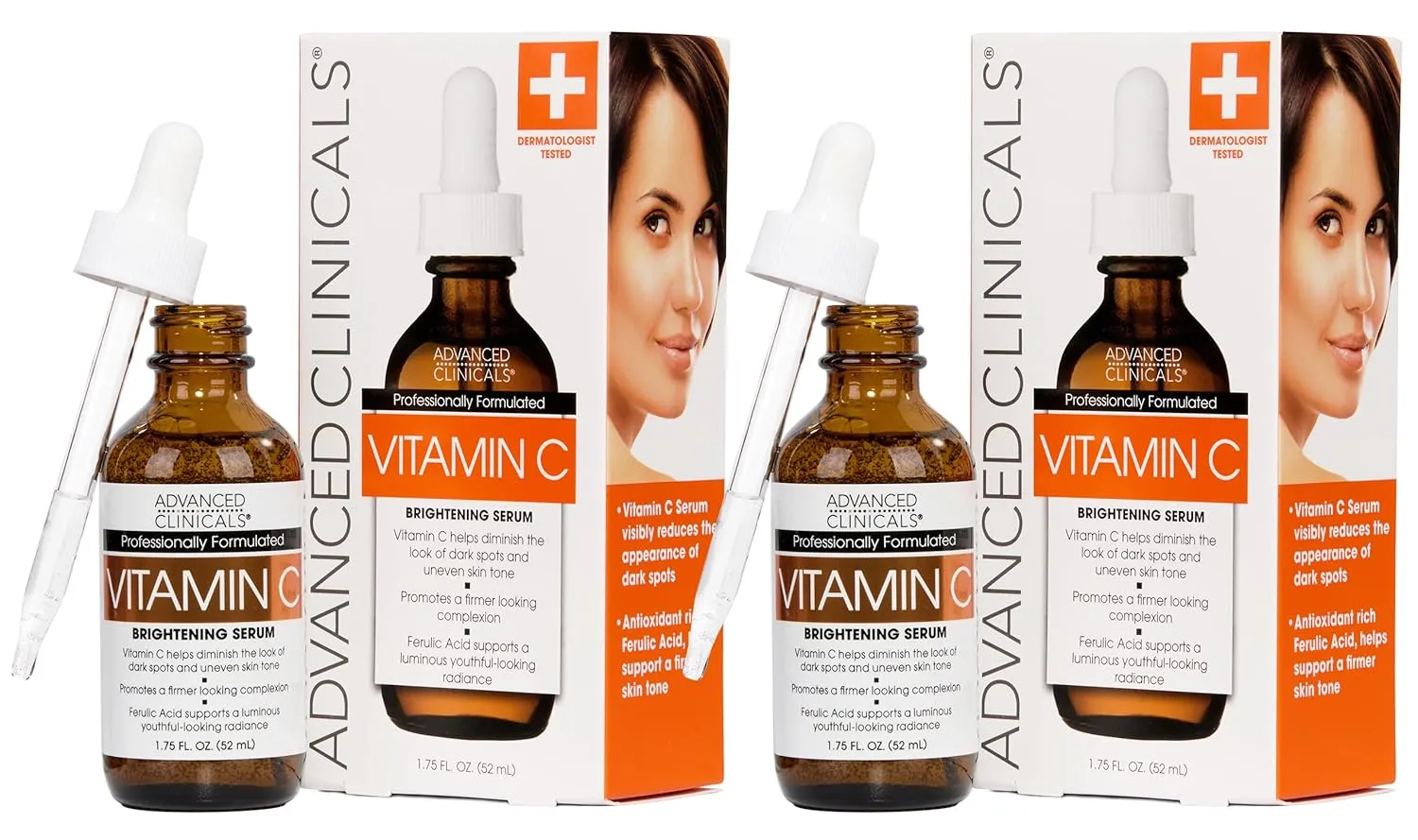 Advanced Clinicals Brightening Vitamin C Serum For Face With Glycolic Acid   Lactic Acid | Vitamin C Eye Serum Face Moisturizer For Improving Look Of Dark Spots & Uneven Complexion, 2-Pack