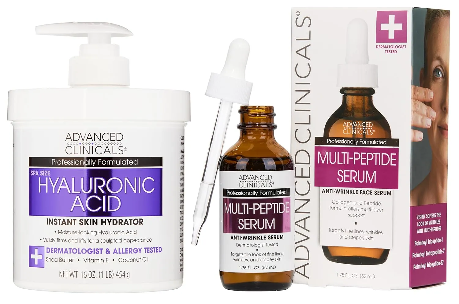 Advanced Clinicals Hyaluronic Acid Hydrating Cream   Peptide Firming Facial Serum Bundle