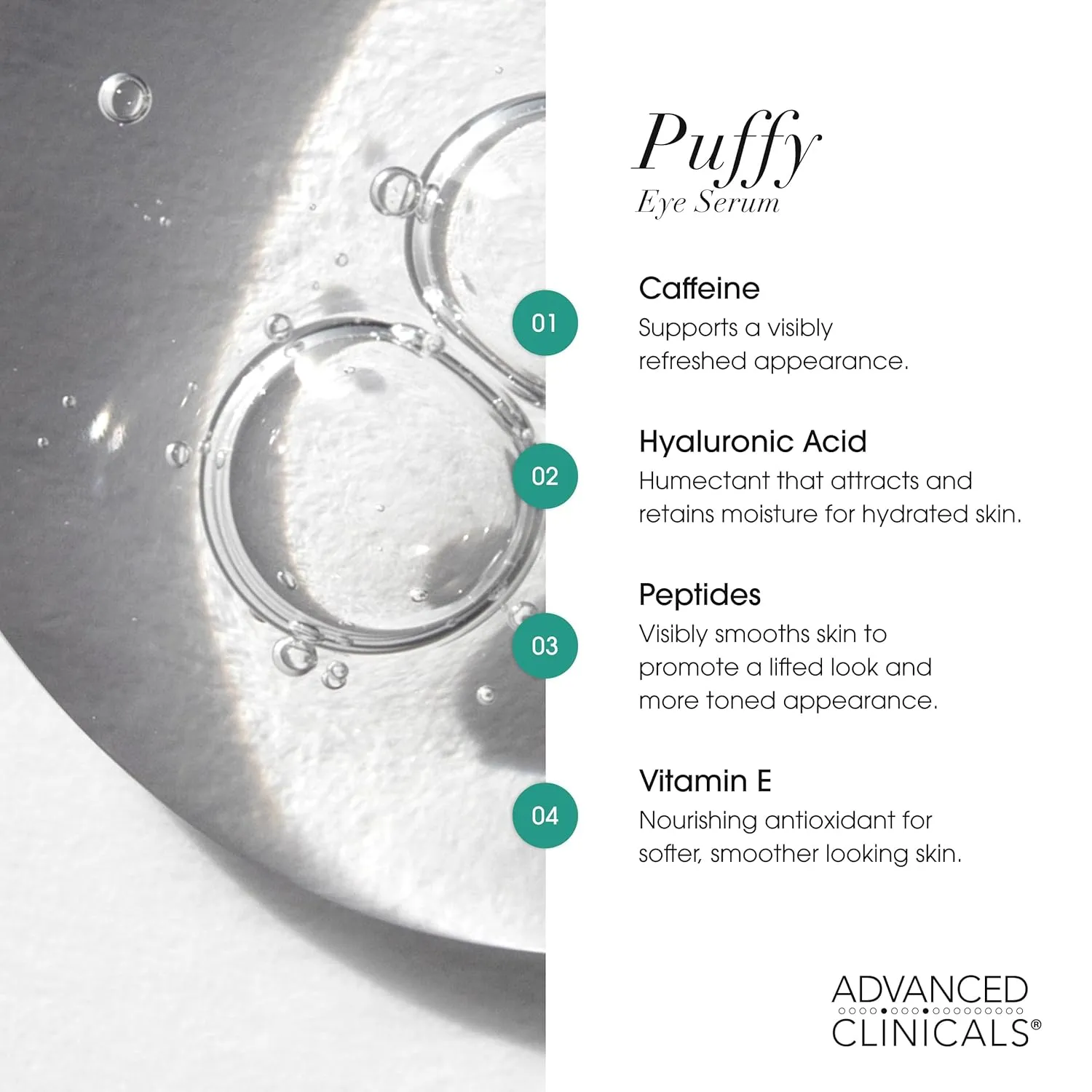 Advanced Clinicals Puffy Eye Under Eye Serum | Visible Anti Aging Brightening Vitamin C   Caffeine Serum Helps Improve Look Of Puffiness, Fine Lines, Dark Circles, & Uneven Skin Tone, 1.75 Fl Oz