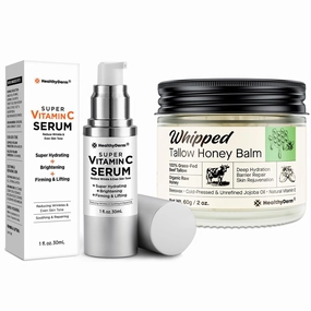 Advanced Nourish & Restore Duo for Mature Skin – Super Vitamin C Face Serum   Whipped Beef Tallow Honey Balm – Hydrate, Brighten & Lift for Women Over 60, Anti-Aging Natural Moisturizer Duo
