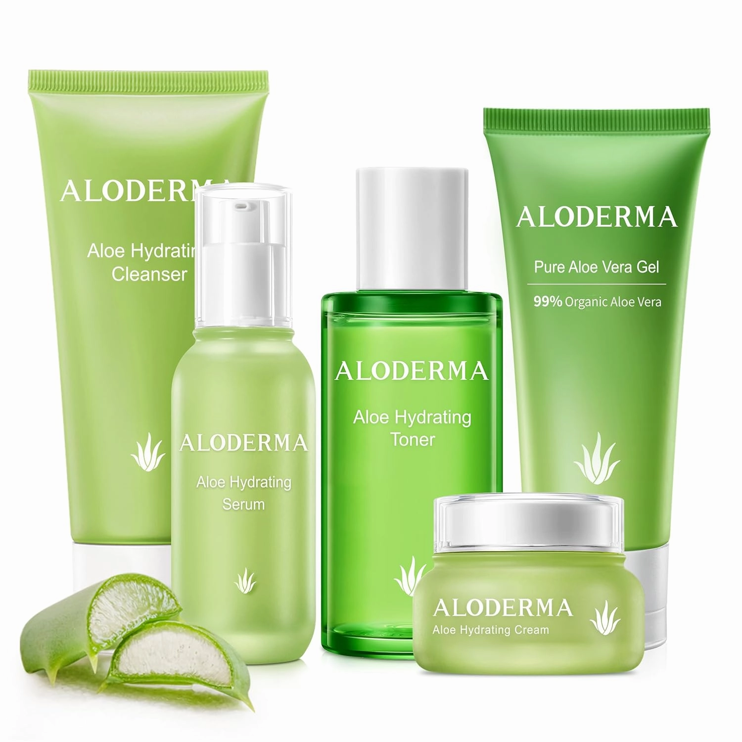 Aloderma Signature Aloe Hydrating Set - 5 Pieces - Aloe Vera Gel, Cleanser, Toner, Serum, Cream