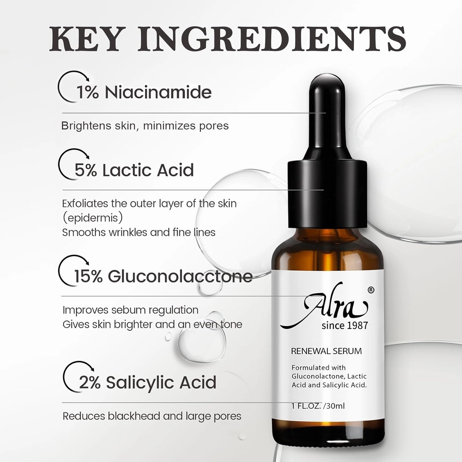 Alra Renewal Serum for Face, Exfoliating Facial Serum for Anti-Aging, Blackhead, Pores Minimizer, All-IN-ONE Night Serum Skincare Gifts for Women & Men, 1 fl oz