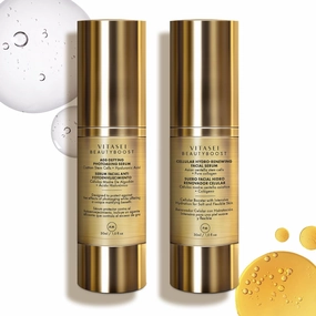 AM/PM Anti-Aging Facial Serum Duo, Deep Hydration, Photoaging Protection with Arabian Cotton Stem Cells & Hyaluronic Acid (AM), Firming & Rejuvenation with Centella Asiatica Stem Cells & Collagen (PM)