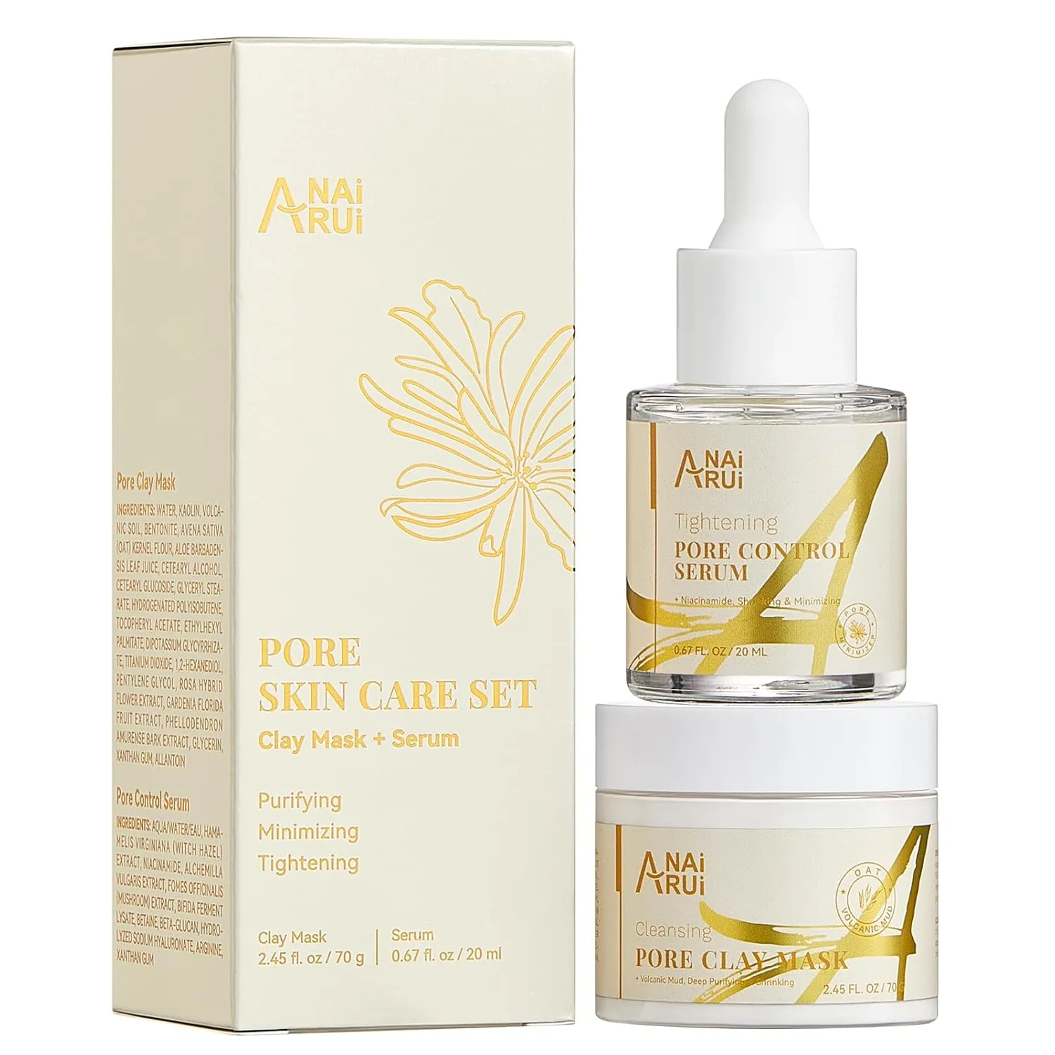 ANAI RUI 2 in-1 Pore SkinCare Set, Pore Clay Mask Pore Minimizing Serum,Volcanic Pore Clay Mask for Nose&Face, Pore Reducer, Sebum Control Pore Exfoliating Solution, Skincare for Women