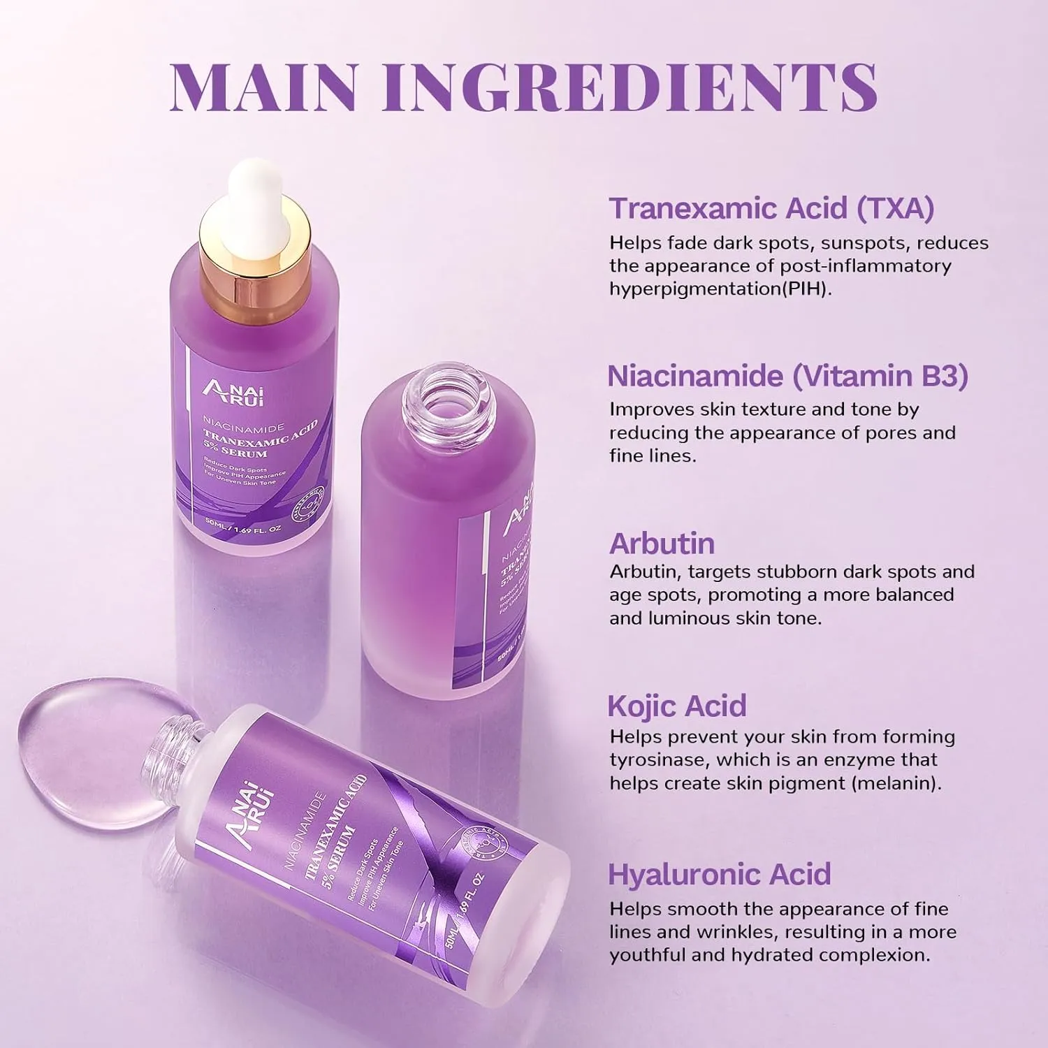 ANAI RUI 5% Tranexamic Acid Serum With Niacinamide,Kojic Acid, Arbutin,for Uneven Skin Tone 1.69 FL.Oz/50 ML