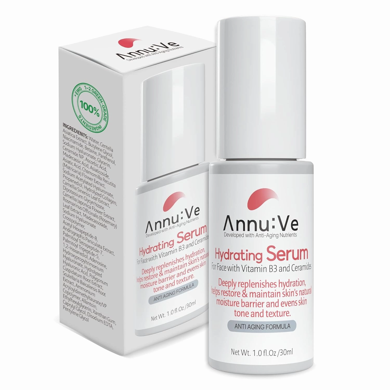 AnnuVe Hyaluronic Acid Serum For Face with Vitamin B3 and Ceramides | Hydrating Face Serum for Dry Skin | Fragrance Free | 1.0 fl.Oz