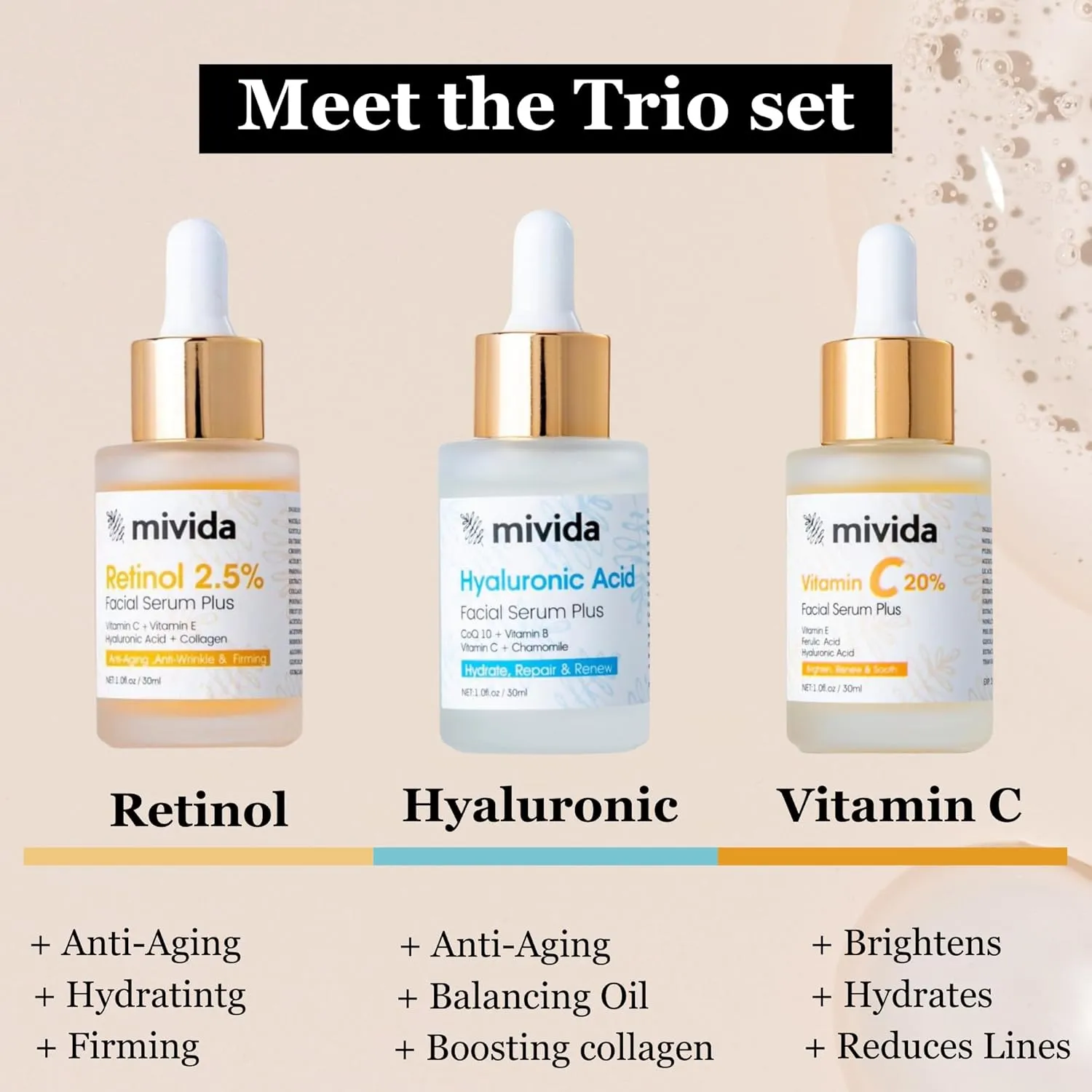 Anti Againg Face Serum Trio, 20% Vitamin C, Powerhosue Hyaluronic-Acid and 2.5% Retinol Serum For Face - 3 Bottles x 1 Fl Oz | Brightening, Firming & Hydrating | sensitive skin safe