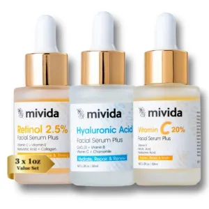 Anti Againg Face Serum Trio, 20% Vitamin C, Powerhosue Hyaluronic-Acid and 2.5% Retinol Serum For Face - 3 Bottles x 1 Fl Oz | Brightening, Firming & Hydrating | sensitive skin safe