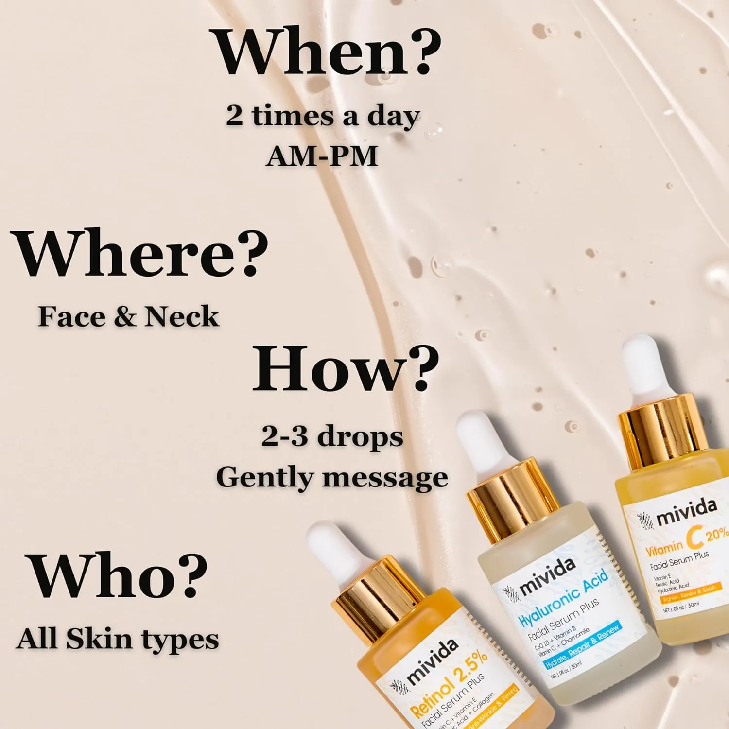 Anti Againg Face Serum Trio, 20% Vitamin C, Powerhosue Hyaluronic-Acid and 2.5% Retinol Serum For Face - 3 Bottles x 1 Fl Oz | Brightening, Firming & Hydrating | sensitive skin safe
