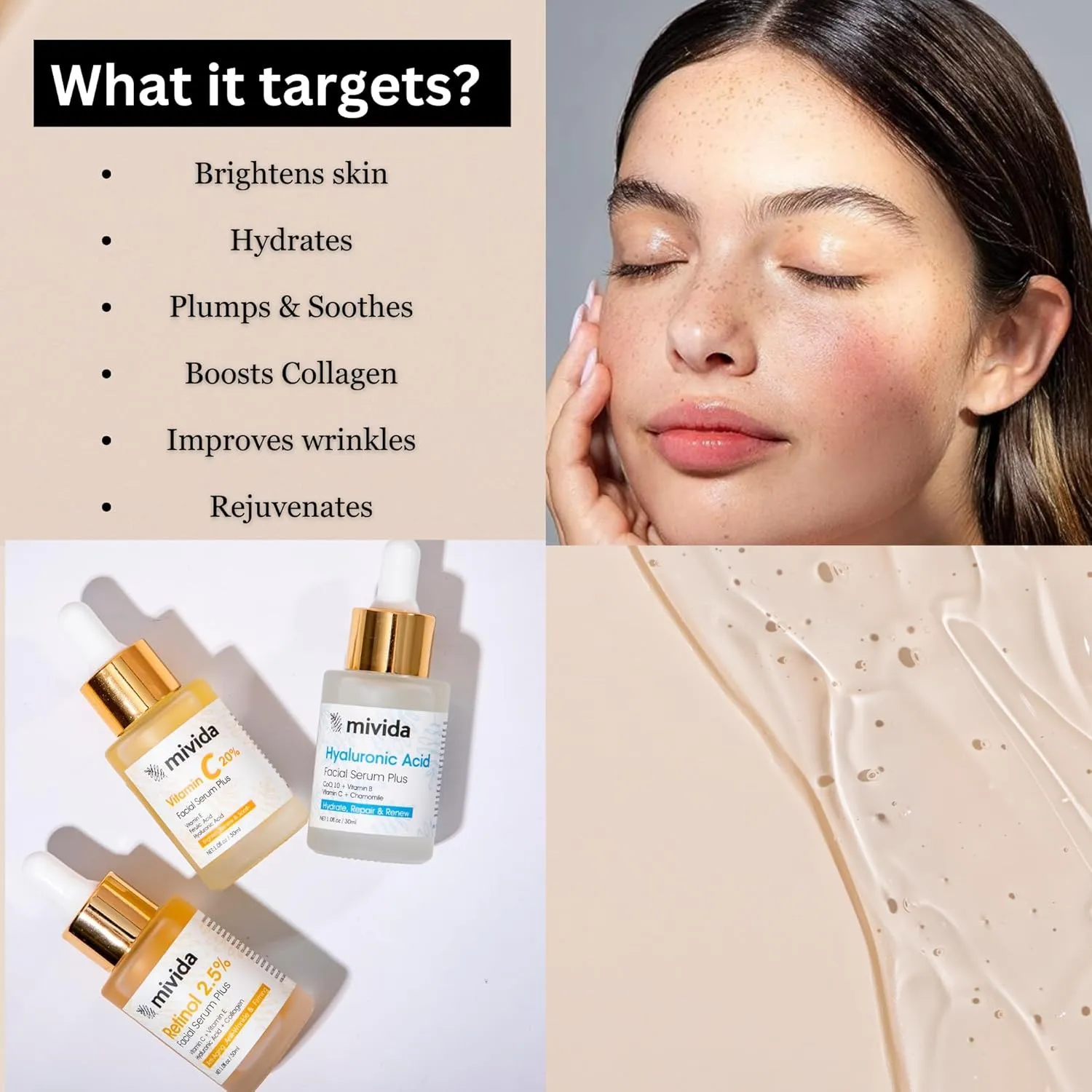Anti Againg Face Serum Trio, 20% Vitamin C, Powerhosue Hyaluronic-Acid and 2.5% Retinol Serum For Face - 3 Bottles x 1 Fl Oz | Brightening, Firming & Hydrating | sensitive skin safe