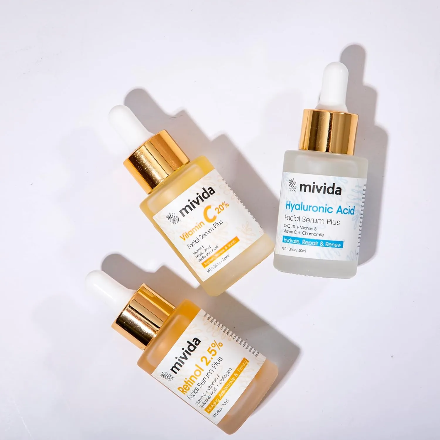 Anti Againg Face Serum Trio, 20% Vitamin C, Powerhosue Hyaluronic-Acid and 2.5% Retinol Serum For Face - 3 Bottles x 1 Fl Oz | Brightening, Firming & Hydrating | sensitive skin safe
