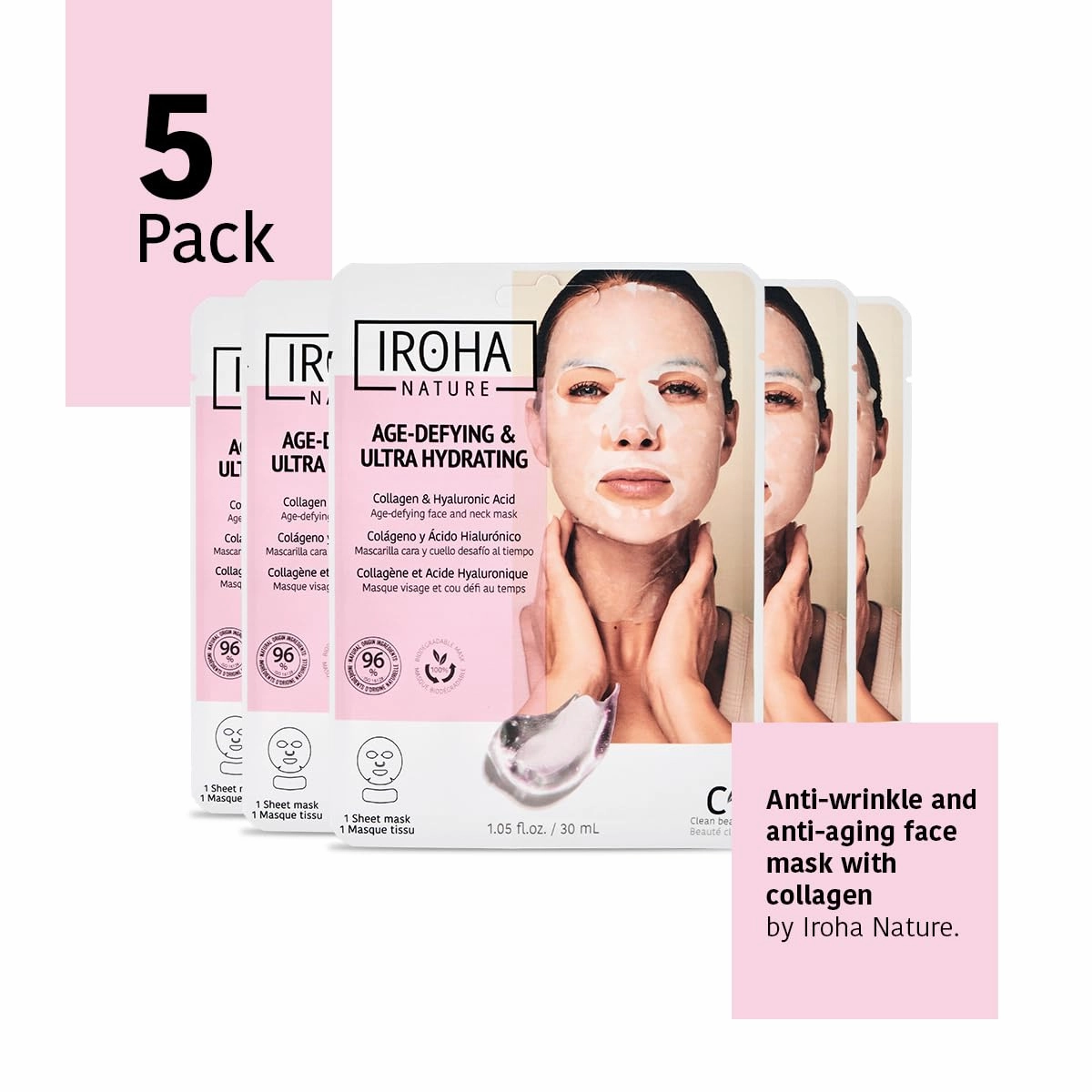 Anti-Aging Face & Neck Tissue Mask with Collagen (Pack of 5) | Firms and Prevents Wrinkles and Fine Lines | Visible Results in 15 Minutes | 96% Natural Ingredients | Mature Skin