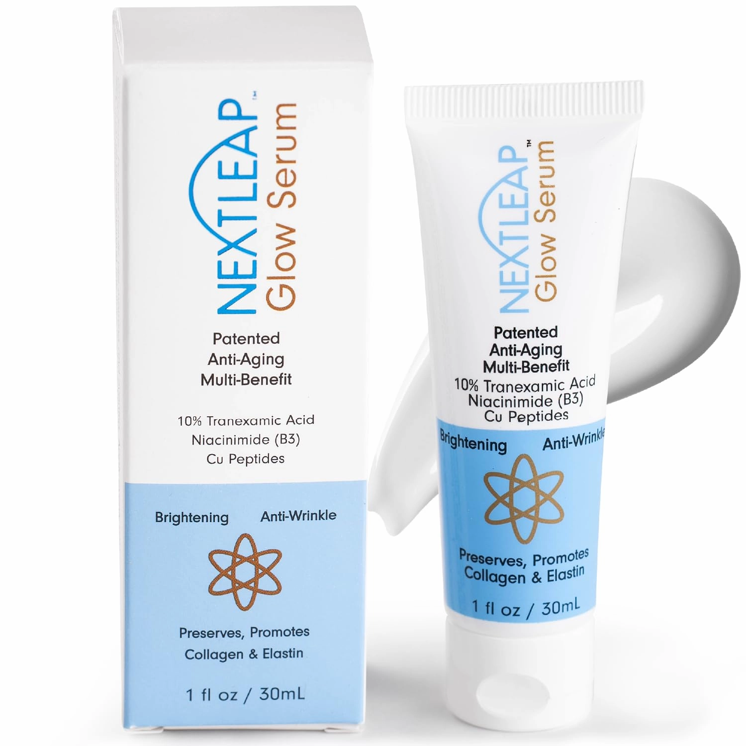 Anti-Aging Glow Serum with 10% Tranexamic Acid, Niacinamide and Copper Peptides - Patented Anti Aging Skincare Serum for the Face, Neck and Hands - Lightweight, Fast Absorbing - 1 Fl Oz