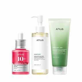 Anua 3-Step Glass Skin Beginner Set, Double Cleansing with Facial Serum, Oil Cleanser & Face Wash with Heartleaf, Daily Routine with Niacinamide, Korean Skincare Set