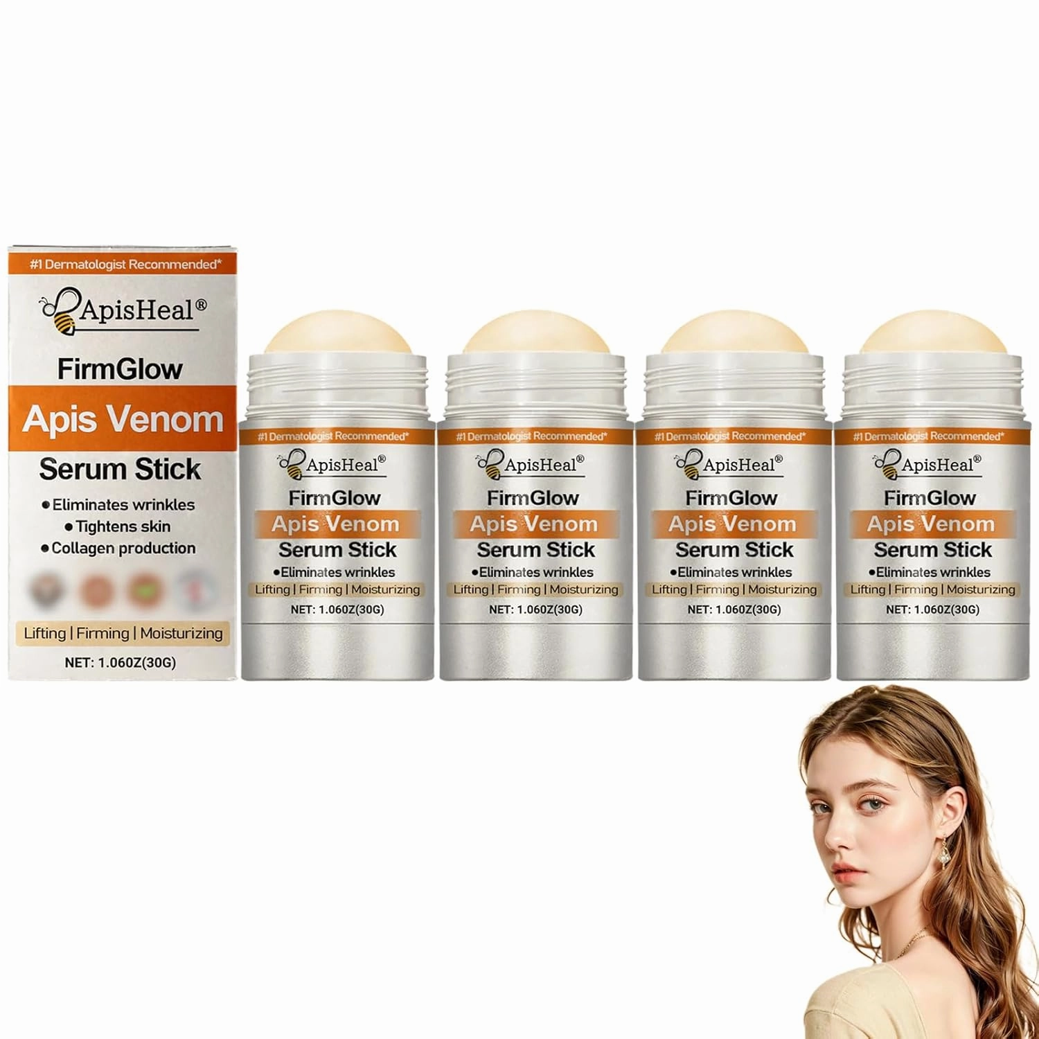 Apisheal FirmGlow Apis Venom Serum Stick, Apis Venom for Wrinkles, Advanced Firming and Wrinkle Reducing Cream, Botox Bee Venom Cream for Body Lifts, Moisturizing, Lifting & Recovery (4)