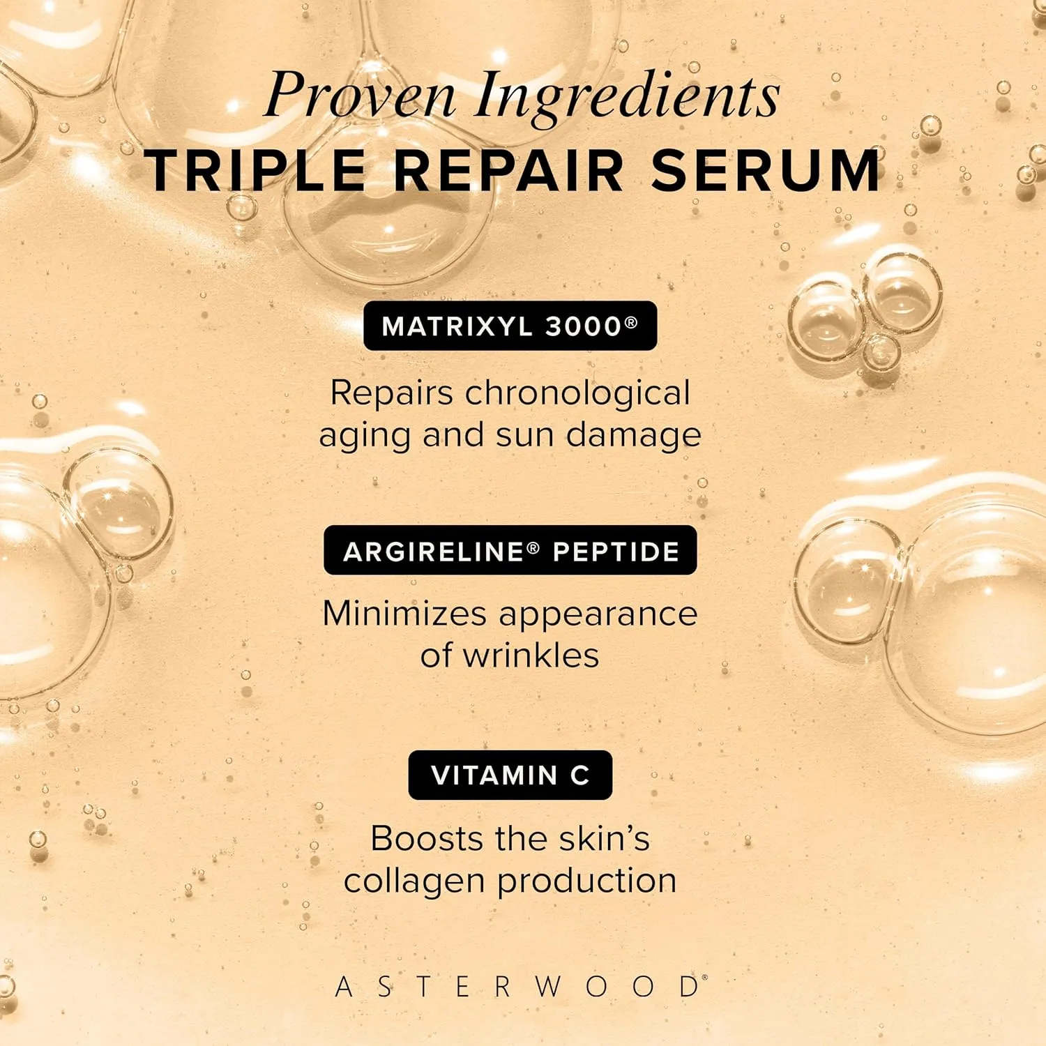 Asterwood Triple Repair Matrixyl 3000   Argireline   Hyaluronic Acid   Vitamin C Serum for Face - Anti-Aging, Collagen Boosting, Hydrating - Fragrance-Free - 1 Fl Oz